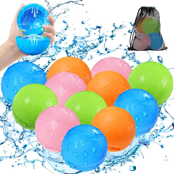 SOPPYCID Reusable Water Balloons, Pool Toys Beach Toys, Summer Water Toys, Refillable Water Bomb Splash Balls with Quick Fill &Self Sealing for Outdoor Activities, Water Games (12PCS)