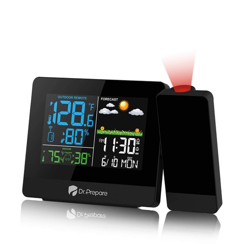 DR.PREPARE Projection Alarm Clock, Digital Clock Projector on Ceiling with Indoor/Outdoor Temperature Display, Dual Alarms, Colored Backlight, Weather Forecast, and Battery Backup for Bedroom