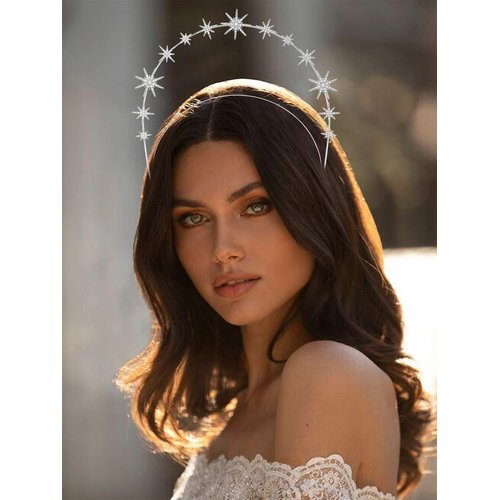 Fashey Halo Crown Headband Silver Rhinestone Star Crown Headbands Goddess Halo Crown Bridal Wedding Headpiece Hair Accessories for Women and Girls