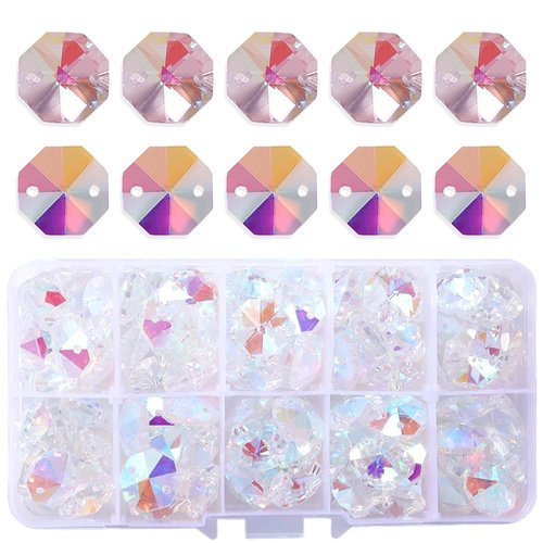 Lot 100pcs AB Color Glass Octagon Beads - LONGWIN Crystal Chandelier Parts Replacement Beads DIY Lamp Hanging Pendant Suncatcher Beads