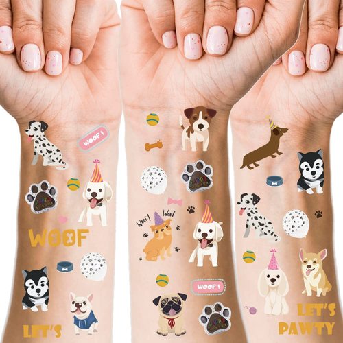 Crazy Night Cute Dog Temporary Tattoos - 66 Glitter Styles | Let's Pawty Puppy Birthday Party Supplies, Woof Party Favors
