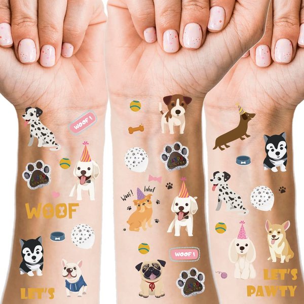 Crazy Night Cute Dog Temporary Tattoos - 66 Glitter Styles | Let's Pawty Puppy Birthday Party Supplies, Woof Party Favors