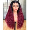 CURLCRAZY Long Curly Lace Front Wigs for Black Women Deep Wave HD Lace Frontal Wig Glueless Synthetic Lace Front Wig Pre-plucked with Baby Hair Dark Roots Hair(26" Ombre Red)