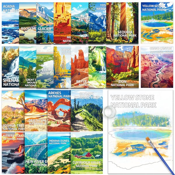 24 Pcs Dementia Products for Elderly Reusable Water Painting Toys National Park Dementia Activities for Adults Landscape Nature Water Coloring Set Scenery Mountain Scene Painting Brush Drawing Gifts