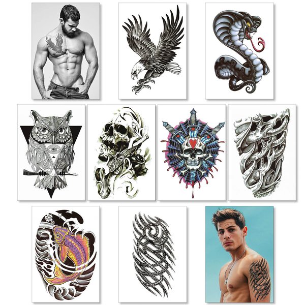 Temporary Tattoos For Men Guys Boys & Teens - Fake Half Arm Tattoos Sleeves For Arms Shoulders Chest Back Legs Eagle Snake Owl Skull Cyborg Carp Fish Realistic Waterproof Transfers 8 Sheets 8x6"