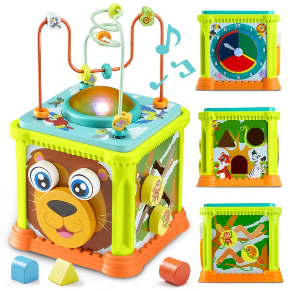 SYNCFUN Wooden Activity Cube, Jungle-Themed Montessori Toys for 1 Year Old, Educational Learning Toys with Sounds & Lights for Toddlers, Christmas Birthday Gift for Boys and Girls