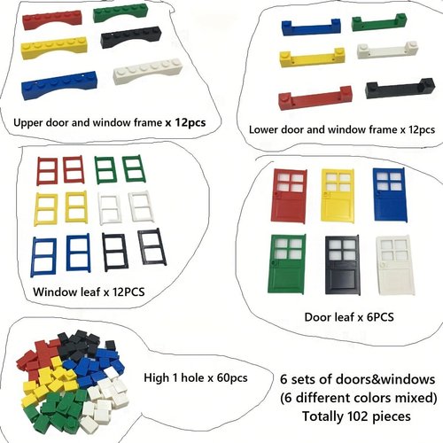 102 Piece Windows and Doors Building Blocks Accessories, Includes Doors and Windows, Assorted Colors Set of 6 for Building, Compatible with Lego Parts and Pieces