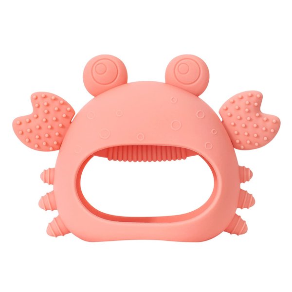 Never Drop Teething Toys for Babies, Baby Mitten Silicone Teether for Soothing Teething Pain Relief, Baby Chew Toys for Sucking Needs (Crab Pink)