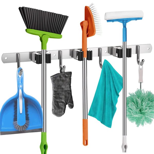 Mop and Broom Holder Wall Mount Self Adhesive - Broom Hanger Wall Mount - Mop Holder Wall Mounted - Broom Rack - Utility Hooks for Broom and Mop Organizer Wall Hanging - Broom Closet Organizer Storage