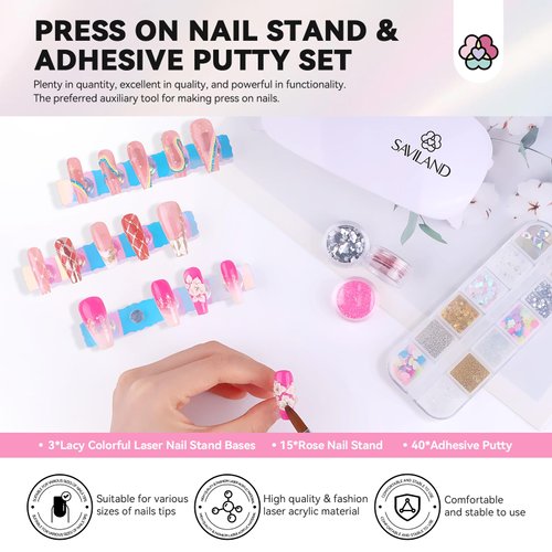 SAVILAND Nail Stand for Press On Nails Display: 3 Nail Stand Set 2X Strong Magnet Fake Nail Holder Painting Nails Flase Finger Holder Iridescent Acrylic Nails Art Adhesive Putty Nail Tools Home DIY