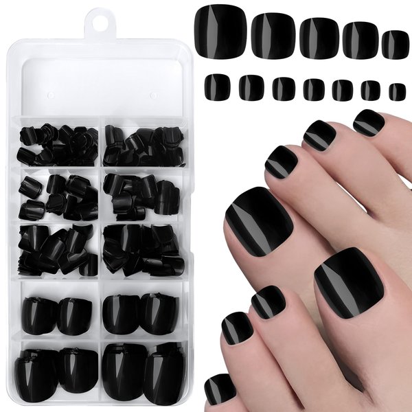 LuckForever Short Press on Toenails 240pc Glossy Black Press on Toenails Short Square Fake Toe nails Full Cover 10 Nail Adhesive Tabs,Small Wooden Sticks & Nail Files False Toenails for Women