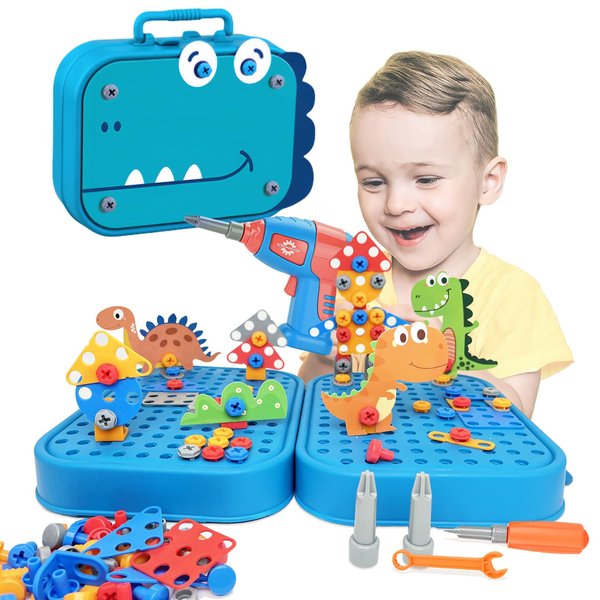 AquaArcc Design and Drill Toy for Boys Age 4-8, 351pc Kids Dinosaur Toy Electric Drill with Toolbox for Boys 4 5 6 7 8 Years Old, Creative Engineering Building Toy, Boys Brithdaty for Age 6-12