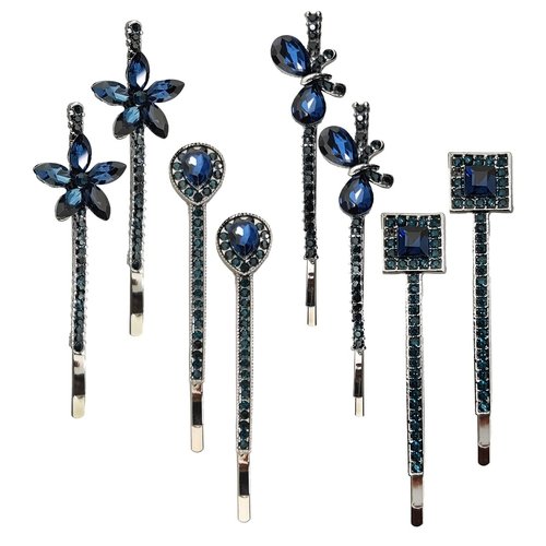 8 Pieces/4 Pairs Vintage Blue Rhinestone Hair Pins 2.4" Side Clips Sapphire Decorative Bobby Pins Navy Blue Hair Clip Wedding Flower Butterfly Hair Barrettes Hair Accessories for Women Girls