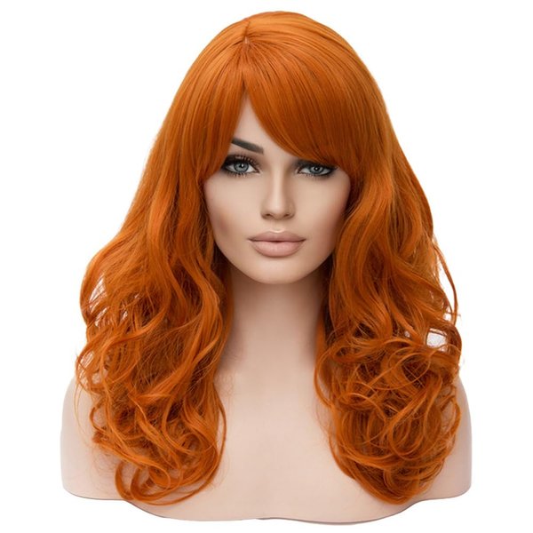 BERON Orange Wigs for Women Curly Side Bangs Girls Wig Medium Length Wavy Heat Resistant Synthetic Hair Wigs for Halloween Cosplay Costume Party Wigs