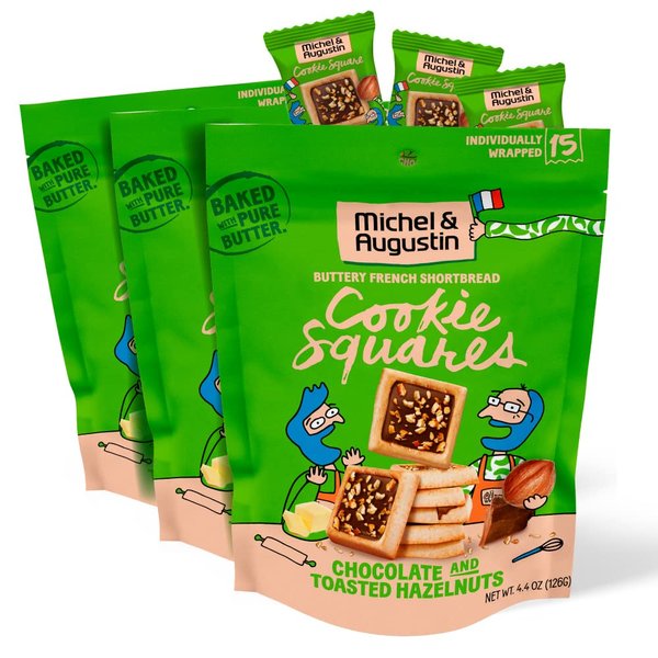 Michel et Augustin Gourmet Chocolate Cookie Squares, Milk Chocolate & Hazelnut, Individually Wrapped European Cookies, 3-Pack, 15 French Shortbread Cookies per Bag
