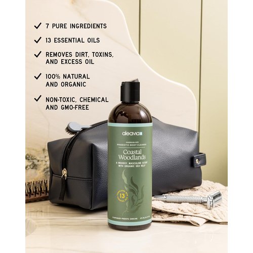 Aleavia Coastal Woodlands Mens Body Cleanse – Travel Size – Organic & All-Natural Prebiotic Body Wash for Men, Woodsy Notes Scented with 13 Essential Oils, – Nourish Your Skin Microbiome – 2 Oz.