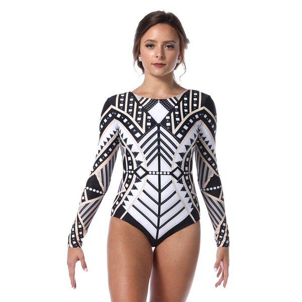 Alexandra Collection Youth Art Deco Long Sleeve Dance Costume Performance Leotard White/Gold/Black Y14