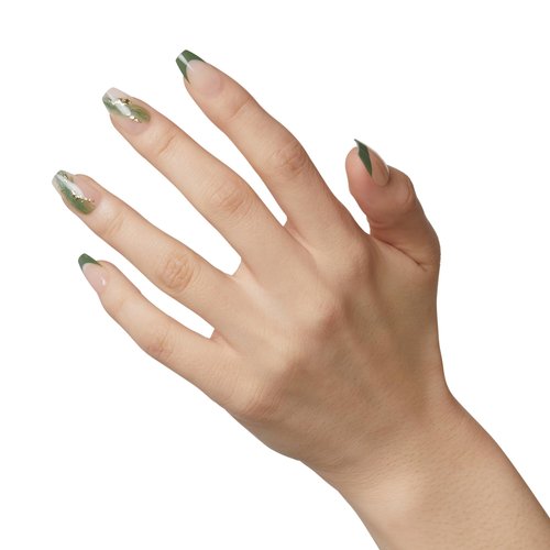 KISS imPRESS No Glue Mani 30 Pcs Premium Press On Nails, Olive Green Tip French, Gold Accent, Medium Size, Coffin Shape, Simple Peel & Press Easy Apply, Hassel-Free Removal, Essential Tools Included