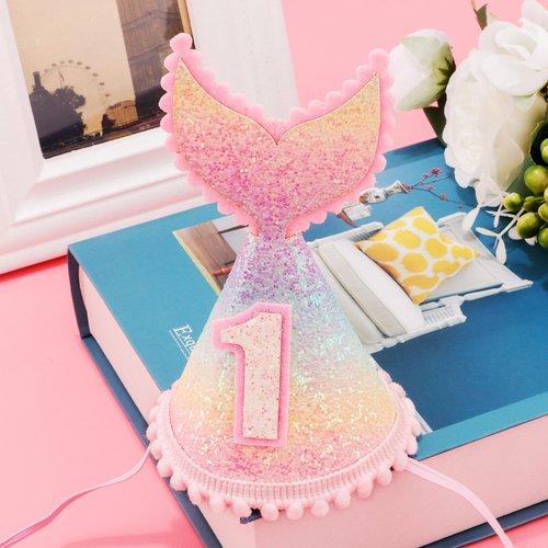 Vovii 1 year old Mermaid Tail Birthday Hat for Baby Girl Pink Sparkle Sequined Mermaid Tail Headband Princess Birthday Party Supplies