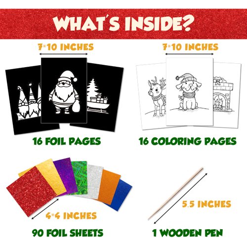 Creative Foil Art Kit for Kids - Christmas Themed Craft Set with 90 Foil Sheets & 32 Pages - Fun DIY Activity for Kids Ages 3-9 - Perfect Holiday Gift, Mess-Free Crafting & Creative Play