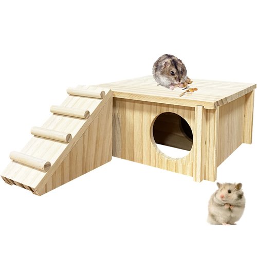 Hamster Wooden House with Ladder Small Animal Hideout Activity Platform Exercise Climbing Hut Natural Living Wooden Room for Hamster Gerbil Guinea Pig Mice