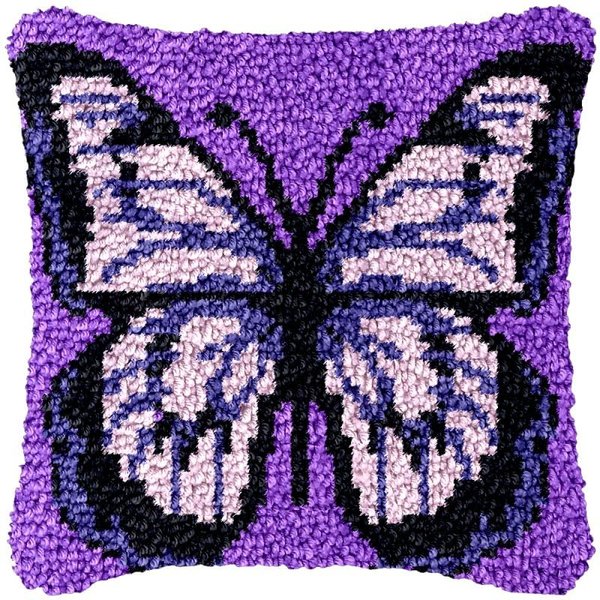 Latch Hook Pillowcase Kits for Starter Purple Butterfly DIY Cushion Latch Hooking Pillow Cover Kits with Preprinted Canvas Crochet Yarn Kits Needlework Crafts 17'' X 17''