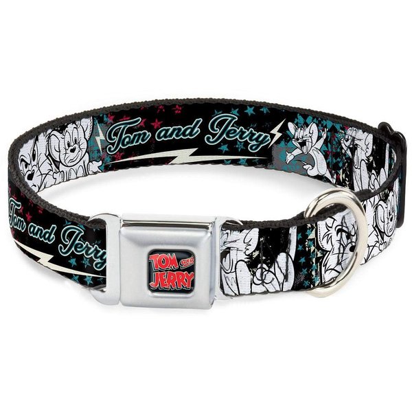 Dog Collar Seatbelt Buckle Tom Jerry Face Pose Sketch Black White Red Blue 18 to 32 Inches 1.5 Inch Wide