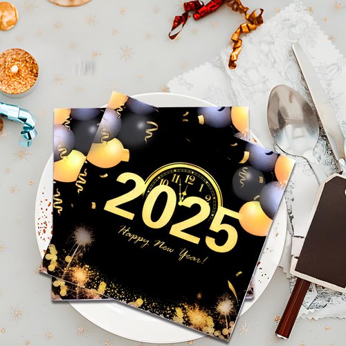LOLStar Happy New Year 2025 Napkins Disposable 50PCS Black Gold Silver Dinner Paper Napkins 6.5 × 6.5'' Cocktail Napkins for Kitchen Tableware Holiday New Years Eve Party Supplies New Year Decorations