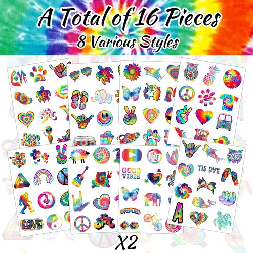 Tie Dye Party Favor 192PCS Tie Dye Temporary Tattoos Stickers 16 Sheet Body Art Fake Tattoos for Tie Dye Birthday Party Decorations supplies for Kids Boys Girls Carnival Rewards