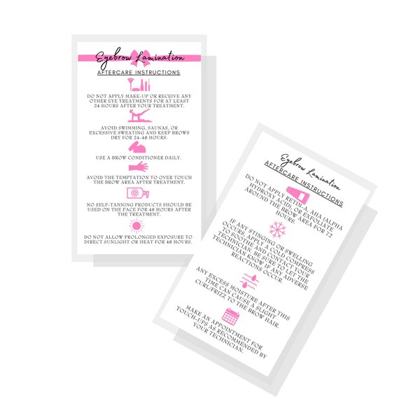 Brow Lamination Aftercare Instruction Cards | 50 Pack | 2x3.5” inches Business Card Size | Starter Lift Kit with Tint at home diy aftercare supplies | White with Pink Design