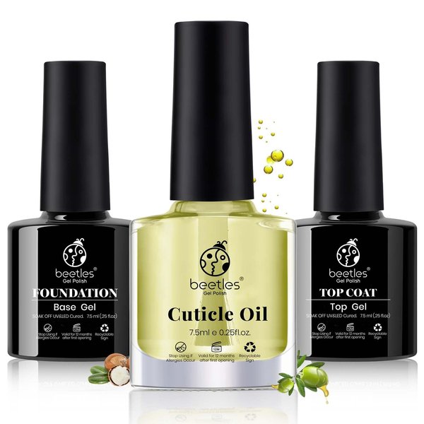 Beetles 3pcs 7.5ml Gel Top Coat Base Coat & Cuticle Oil Set, No Wipe Top Gel Glossy Shine Long Lasting Gift for Her, Cuticle Protectors Kit Oil Care for Dry, Damaged Cuticles, Stronger Nails