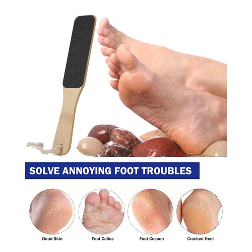 BEZOX Foot File Callus Remover with Bamboo Handle(1 PCS), Double-Sided Portable Foot Scrubber, Professional Pedicure Heel Sander for Smooth and Beautiful Feet - Dark