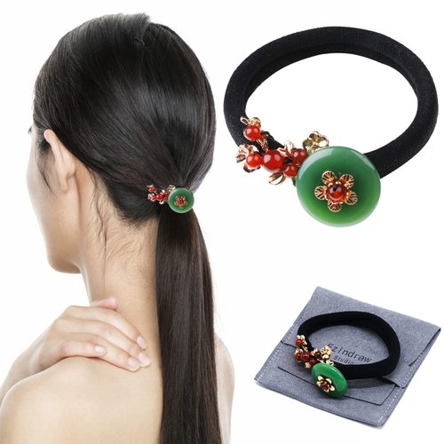 Ezindraw Vintage Jade Gemstone Hair Tie, Chinese Style Ponytail Holder, Flower Hair Elastic Rope, Chinese Hair Accessories for Women, Girls, Green Jade Donut Jewelry for Hanfu Dress