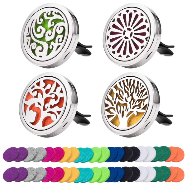 Car Diffuser Vent Clip 4 Pack, Car Aromatherapy Essential Oil Diffuser Vent Clips 30mm, Stainless Steel Locket 44 Felt Pads
