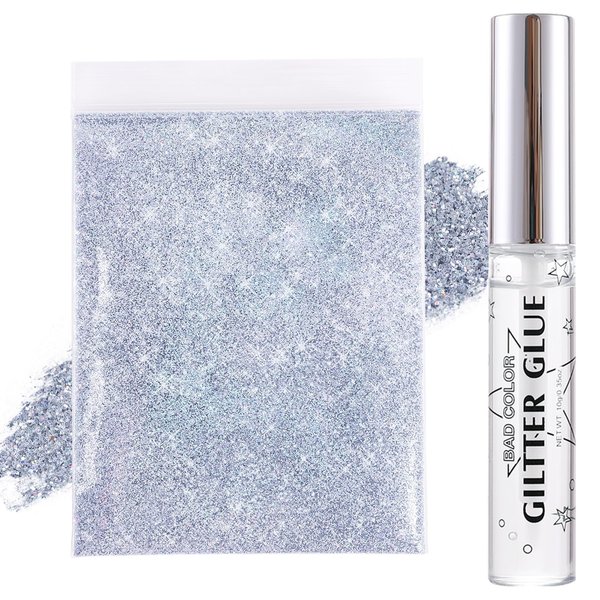 BADCOLOR Silver Body Glitters with Quick Dry Glue Kit, Holographic Shimmer Sequins for Face, Hair, Eye Makeup, Nail Art, Laser Loose Glitter for Music Festival Carnival Concert Party Rave Accessories