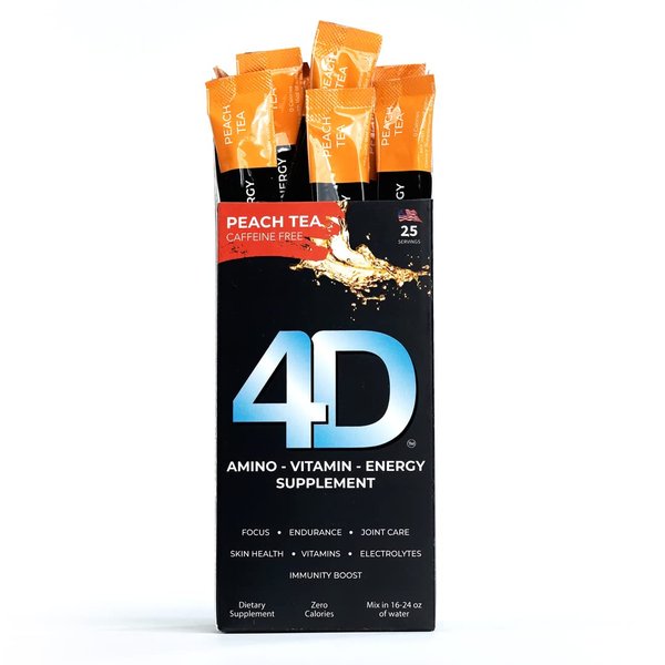 4D Clean Energy Drink Mix + Electrolytes + Immune Support + MultiVitamins + Joint and Skin Support (Peach Tea Flavor - Caffeine Free, 25 Pack)