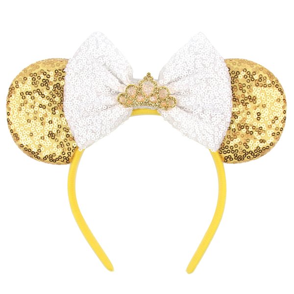 bianbaistar 1Pk Classic Mouse Ears Headband for Women Velvet Hair Bow Headwear for Girls & Boys - Sparkle Sequins Hair Bands with Big Golden Mouse Ears Essencial Accessories for Trip (Gloden Bow)