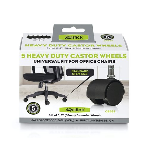 Slipstick CB682 2 Inch Replacement Office Chair Wheels (Set of 5 Casters) Universal Standard Size Stem 7/16 Inch x 7/8 Inch - Black Plastic