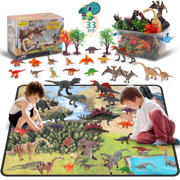 DigHealth 33 Pcs Dinosaur Toy Playset with Activity Play Mat, Realistic Dinosaur Figures, Trees, Rockery to Create a Dino World Including T-Rex, Triceratops, Pterosauria for Kids, Boys & Girls