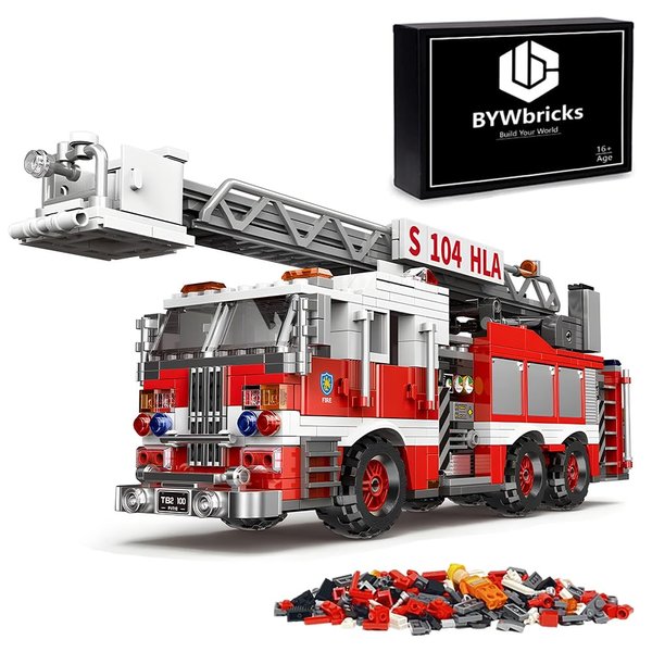 BYWbricks City Ladder Fire Truck Building Blocks Set (711 pcs) Fire Station Firetruck Bricks Collectible Fire Engine Building Kit Model Gift for Boys and Girls Adults Christmas and Birthday