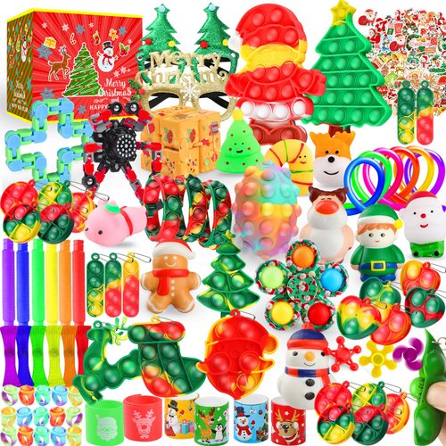 Fidget Toys Set, 120 Pack Christmas Party Favors Keychain Its for Kids Adults, Mini Push Bubble Pops Bulk Sensory Toys, Birthday Gifts Classroom Prizes for Boys Girls Goodie Bag Treasure Chest Box