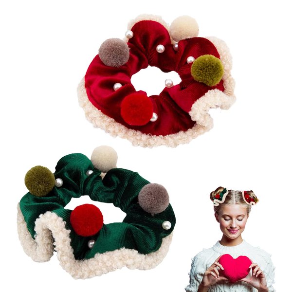 2pcs Red Green Velvet Scrunchies for Women Girls, Christmas Hair Scrunchies White Edge Velvet Scrunchies with Cute Pom Poms Pearls Elastic Hair Ties Ponytail Holders Hair Accessories for Women Girls