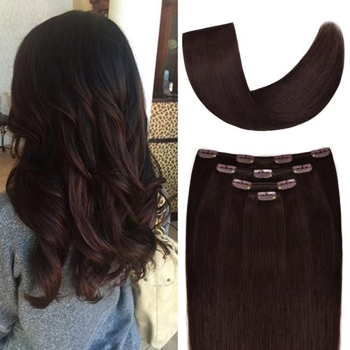 18" Clip in Hair Extensions Remy Human Hair for Women - Silky Straight Human Hair Clip in Extensions 60grams 4pieces Dark Brown #2 Color