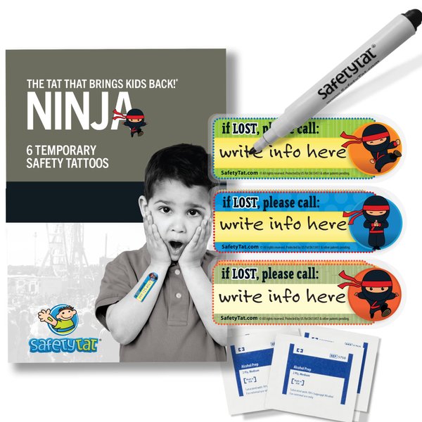 Ninja 6pk SafetyTat Child ID Tattoos includes skin prep wipes and tattoo marking pen
