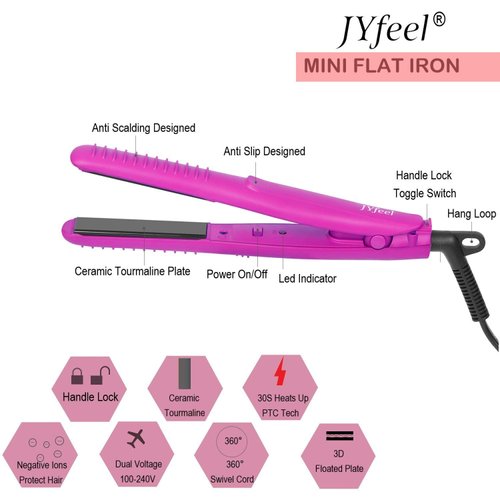 JYfeel Mini Travel Flat Iron, 2/3 inch, Ceramic Tourmaline, Dual Voltage Hair Straightener, instant Heat Up to 430, with Travel Case