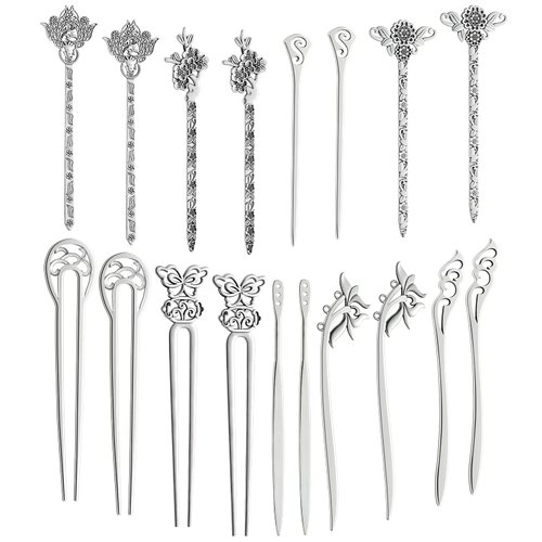 TUPARKA 18 PCS Silver Hair Sticks Vintage Hair Pins Chinese Women Hair Chopsticks Pins Retro Vintage Decorative for Hair Diy Accessory（9 Design）