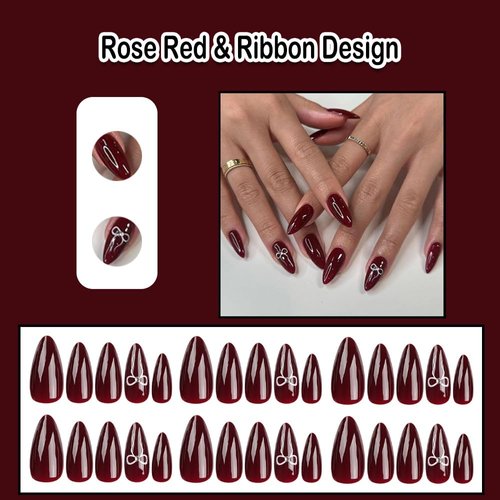 ANDGING Red Press on Nails Almond Short Medium Acrylic Fake Nails Glue on Nails with Ribbon Design Full Cover Women False Nails with Glue Gel Stick on Nails for Wedding Birthday 24Pcs