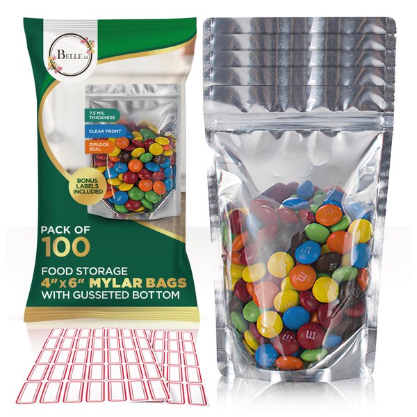 BELLE KR® 4x6 Mylar Bags for Food Storage - Pack Of 100-7.5mil Thickness - Stand Up Clear Mylar Bags with See Through Window - Resealable Bags for Packaging - Labels Included