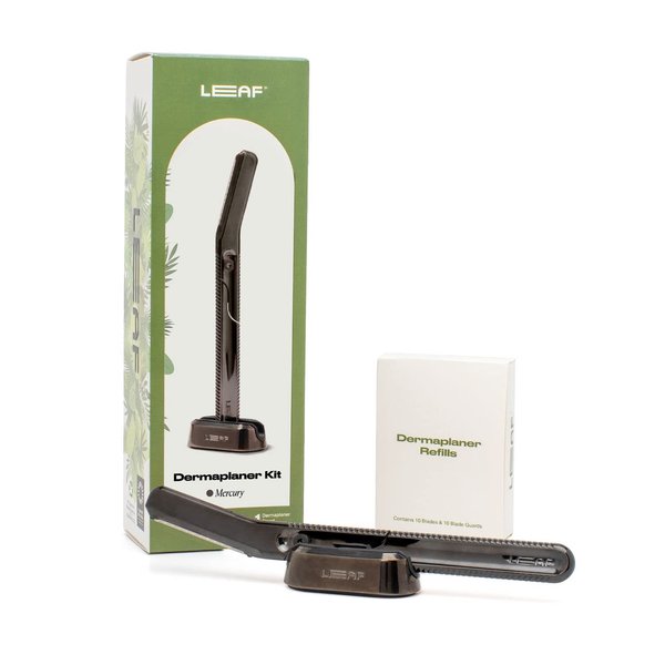Leaf Shave | The Leaf Dermaplaner Kit, Mercury - All-Metal Facial Razor and Exfoliating Tool for Women; Includes 1x Dermaplaner, 1x Stand, & 12x Refills