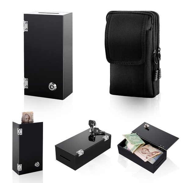 Extra Large Acrylic Box Winners Bank with 2 Keys, Large Capacity Pocket Sized Waist Bag, Portable Cash Safe Lock Box, Prevents Addiction(Black)